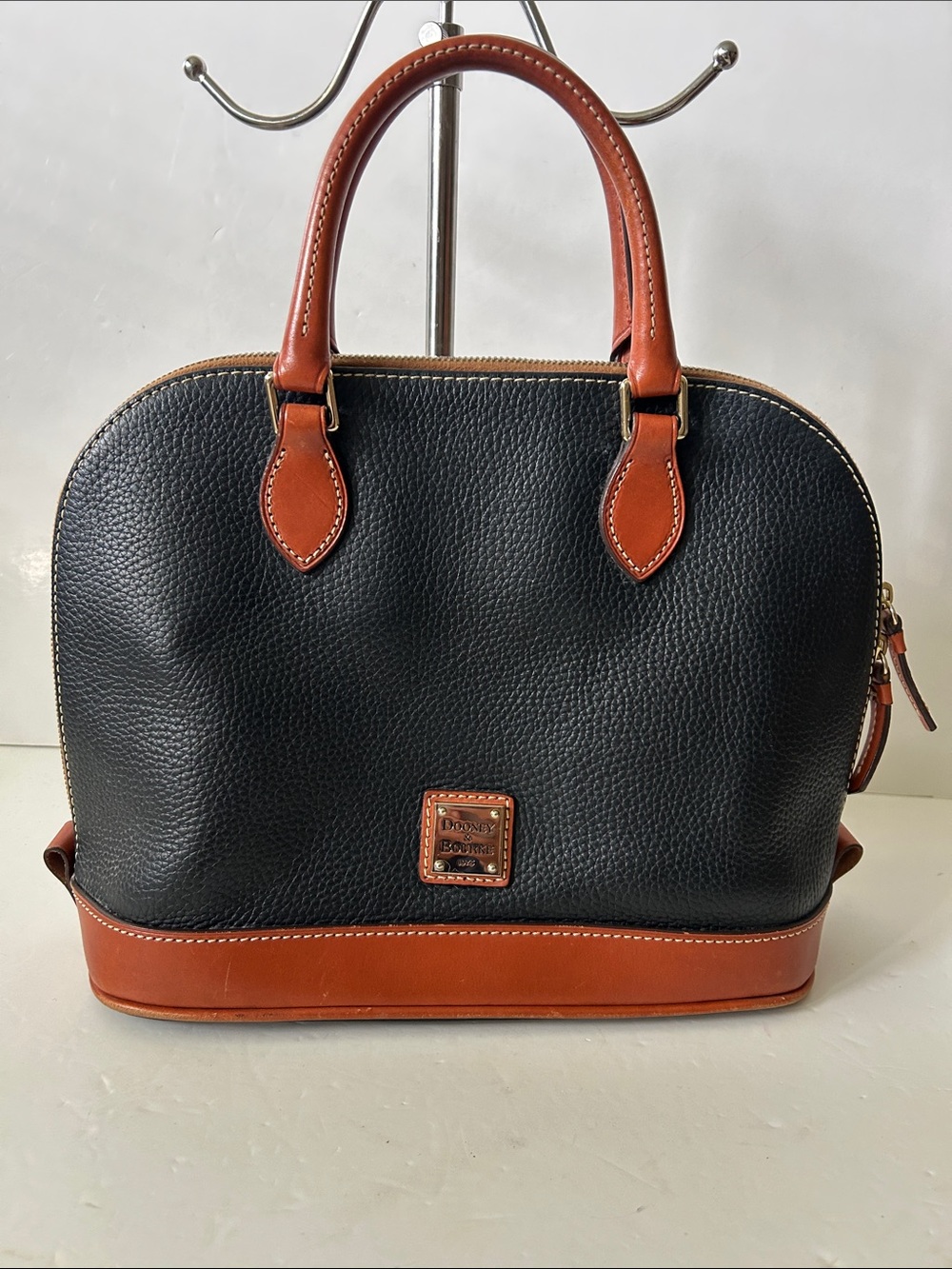 Vintage Dooney & Bourke 1975 Black Leather Satchel with Brown Trim So Nice!!